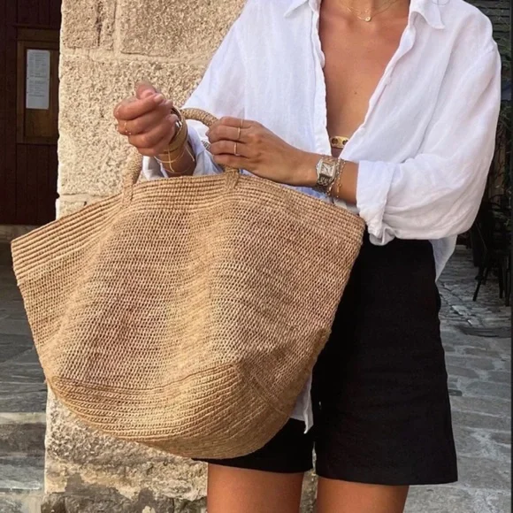 NWT IBELIV Raffia Tote Vanilla Tea Handwoven Raffia Large - Picture 1 of 12